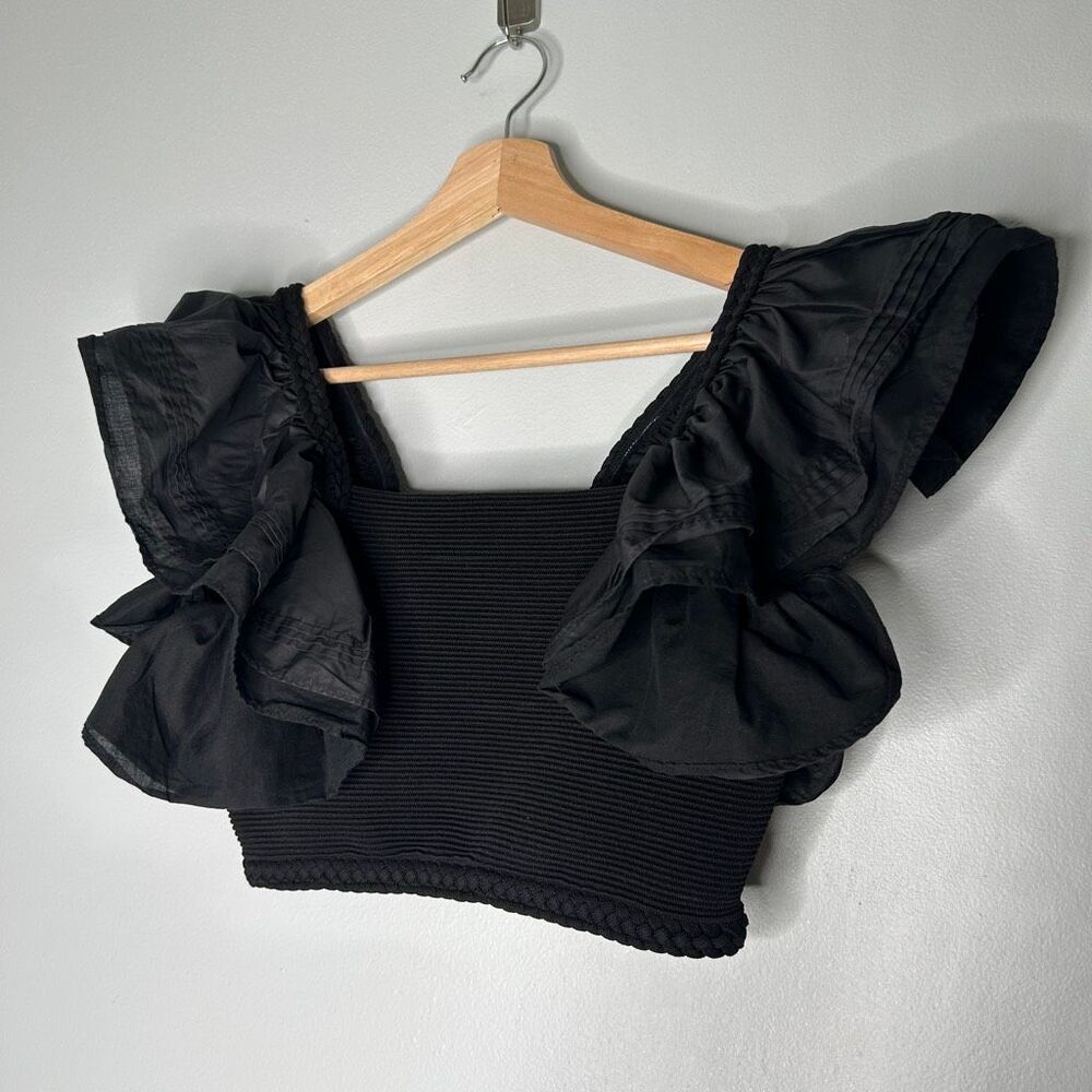 Aje. Corinne Ruffled Ribbed Crop Top - Black - Picture 7 of 11